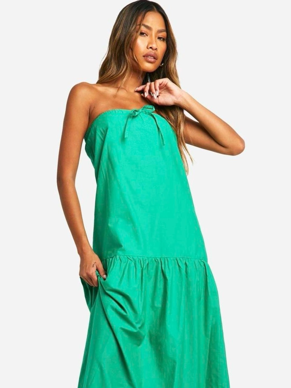 Boohoo Bright Green Strapless Maxi Dress with Tie